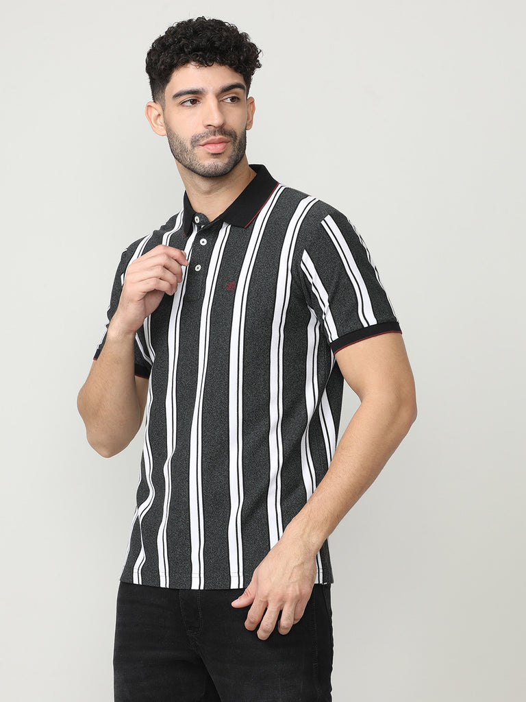 Green Pique Verticle Stripes Polo T-shirt With Tipping Collar