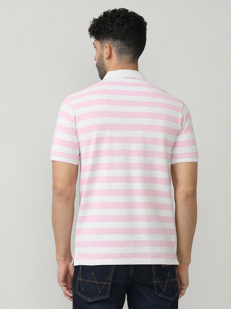 Pink Pique Stripes Polo T-shirt With Tipping Collar