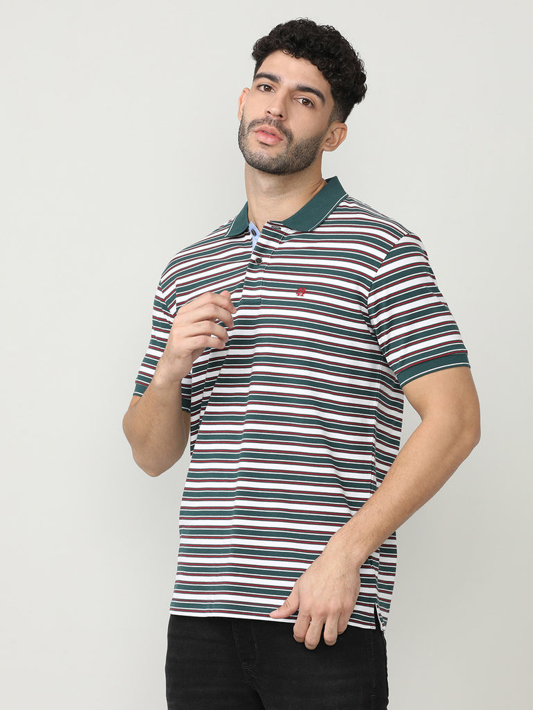 Wine Pique Lycra Stripes Polo T-shirt With Contrast Collar