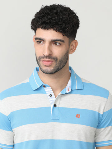 Sky Blue Pique Stripes Polo T-shirt With Tipping Collar