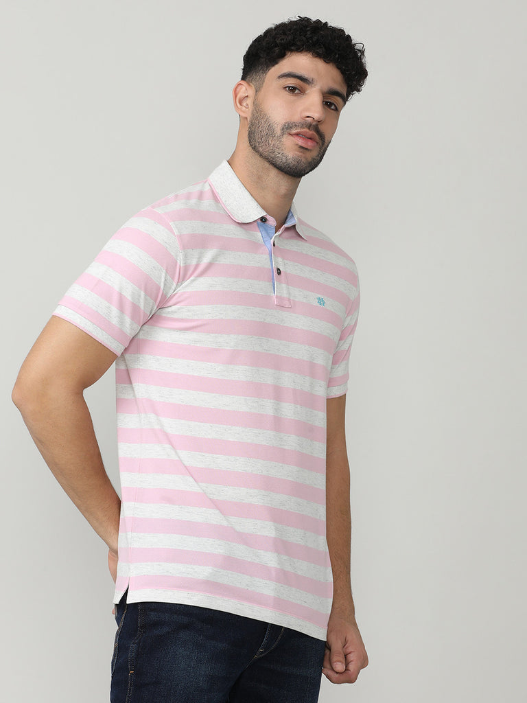 Pink Pique Stripes Polo T-shirt With Tipping Collar