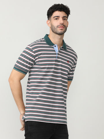 Wine Pique Lycra Stripes Polo T-shirt With Contrast Collar