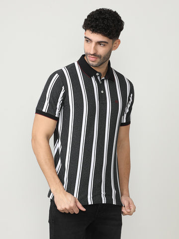 Green Pique Verticle Stripes Polo T-shirt With Tipping Collar