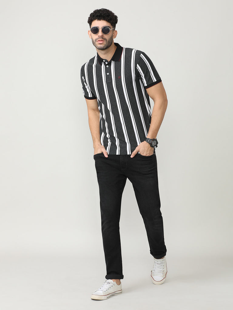 Green Pique Verticle Stripes Polo T-shirt With Tipping Collar