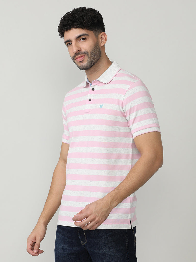 Pink Pique Stripes Polo T-shirt With Tipping Collar