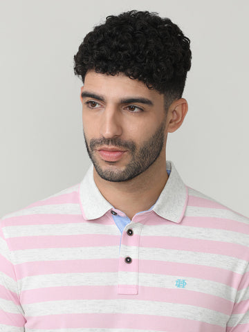 Pink Pique Stripes Polo T-shirt With Tipping Collar