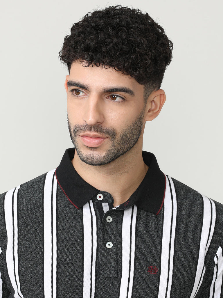 Green Pique Verticle Stripes Polo T-shirt With Tipping Collar