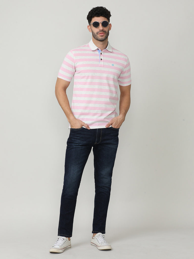 Pink Pique Stripes Polo T-shirt With Tipping Collar