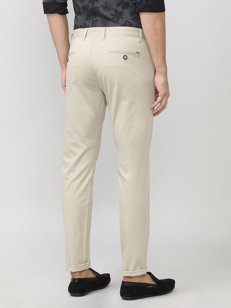 Beige Twill Lycra Slim Fit Cotton Trouser