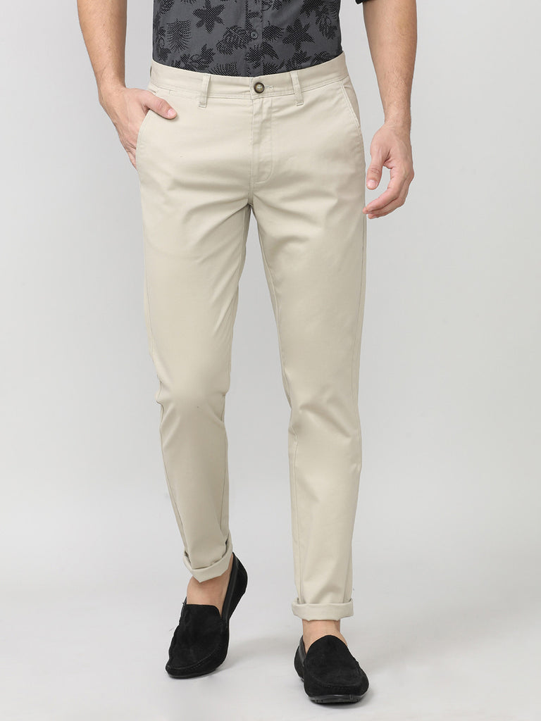 Beige Twill Lycra Slim Fit Cotton Trouser