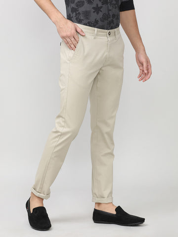 Beige Twill Lycra Slim Fit Cotton Trouser