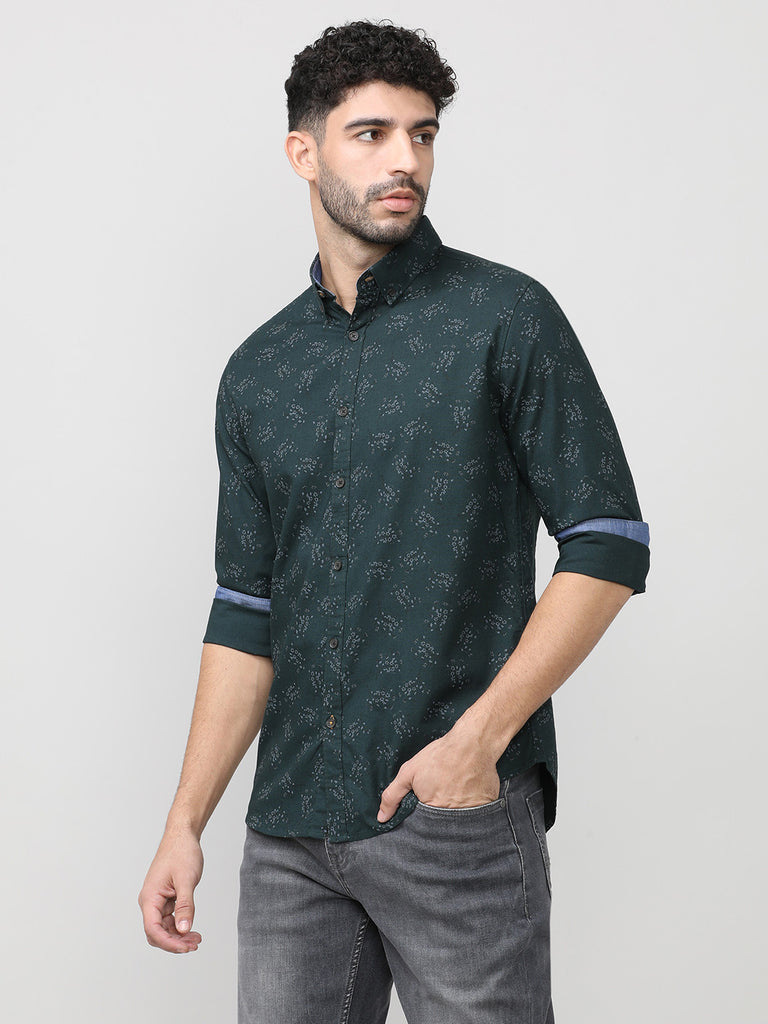 Bottle Green Oxford Printed Shirt With Button Down Collar