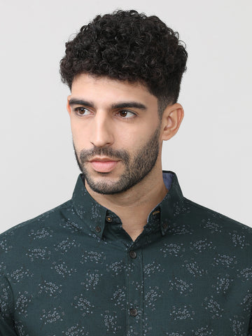 Bottle Green Oxford Printed Shirt With Button Down Collar