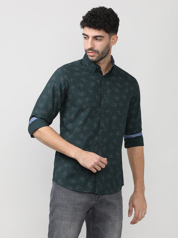 Bottle Green Oxford Printed Shirt With Button Down Collar