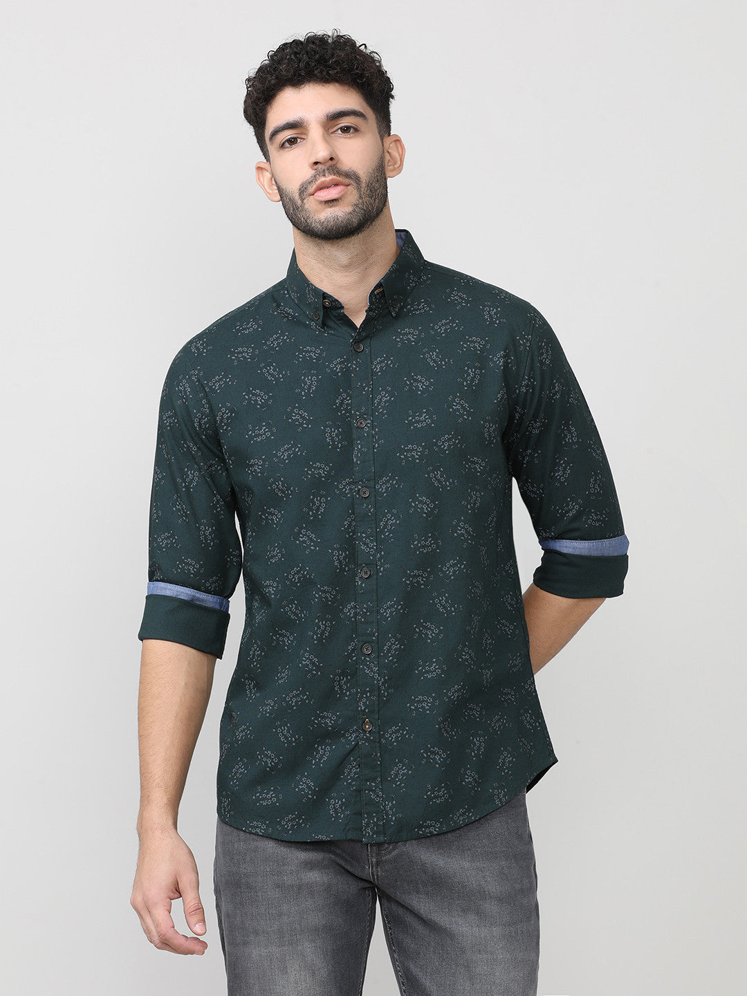 Bottle Green Oxford Printed Shirt With Button Down Collar