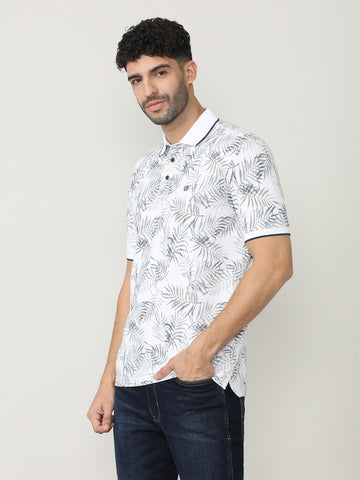 White Pique Lycra Printed Polo T-shirt With Tipping Collar