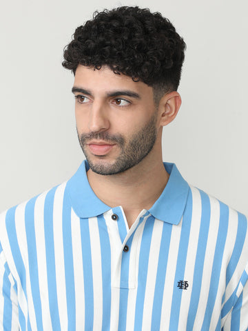 Royal Blue Pique Lycra Verticle Stripes Polo T-shirt With Constrast Collar