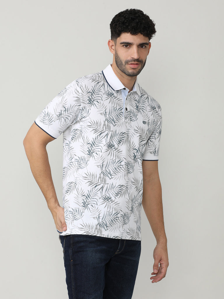 White Pique Lycra Printed Polo T-shirt With Tipping Collar