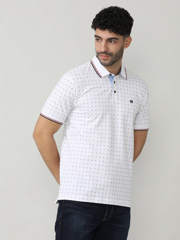 White Pique Lycra Printed Polo T-shirt With Tipping Collar