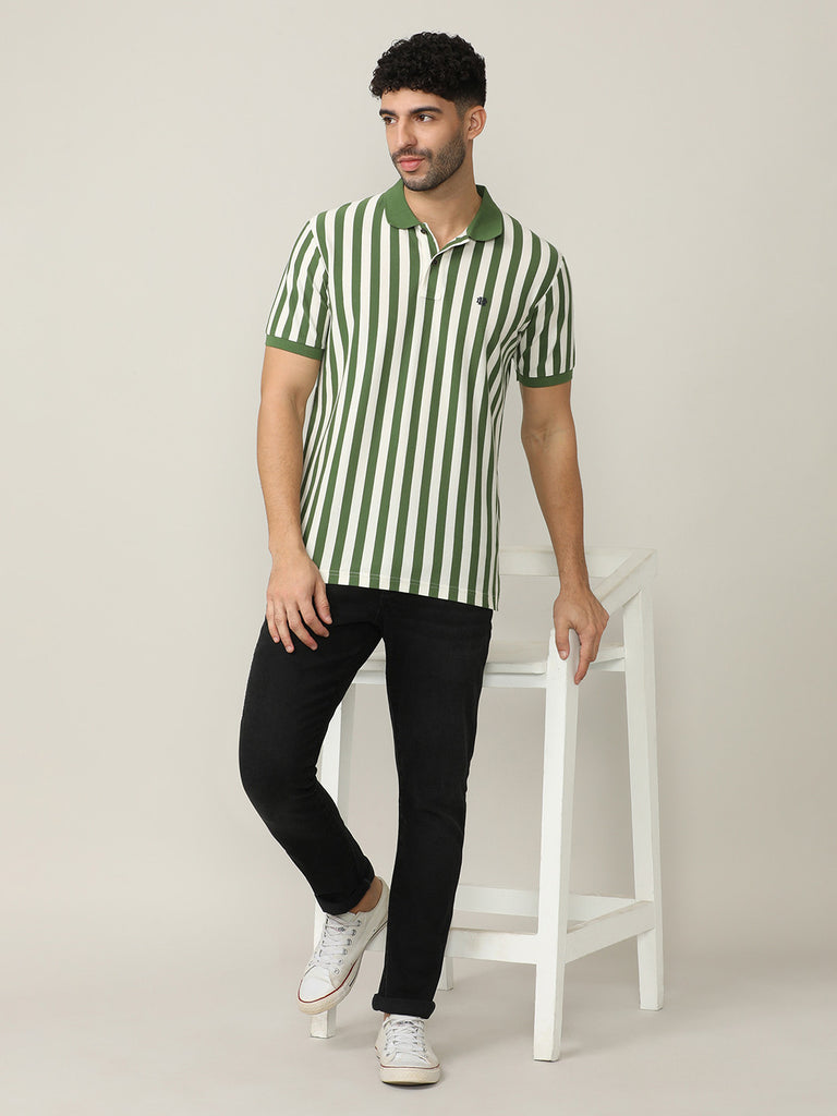 Lake Green Pique Lycra Verticle Stripes Polo T-shirt With Constrast Collar