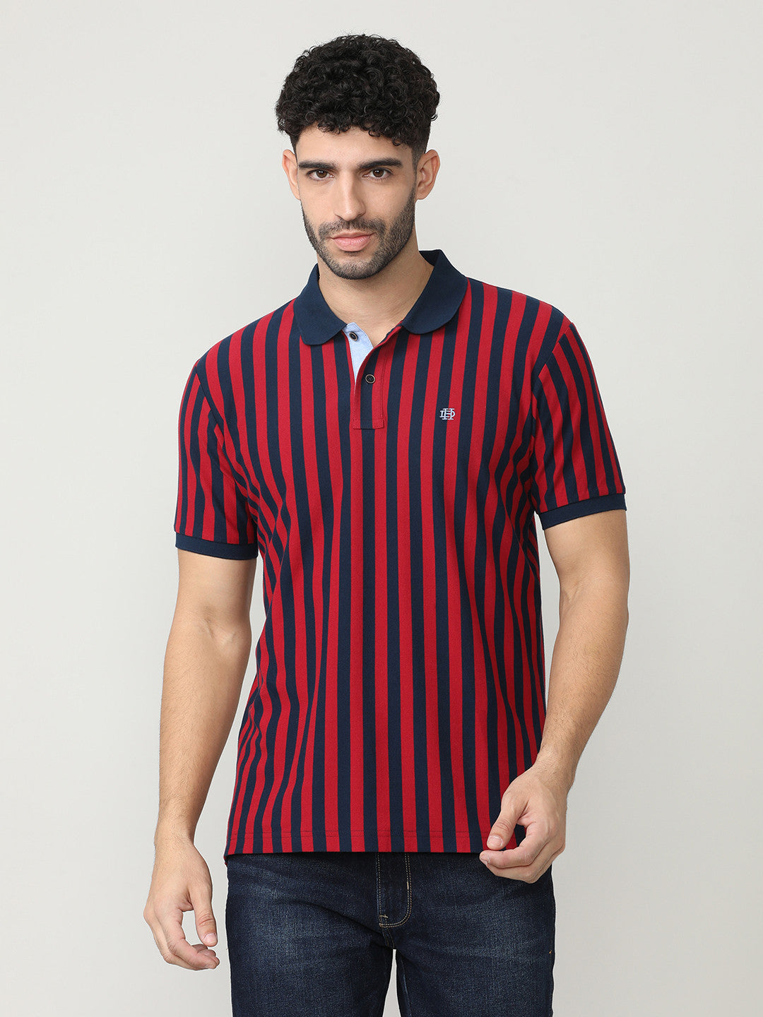 Deep Red Pique Lycra Verticle Stripes Polo T-shirt With Constrast Collar
