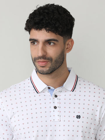 White Pique Lycra Printed Polo T-shirt With Tipping Collar