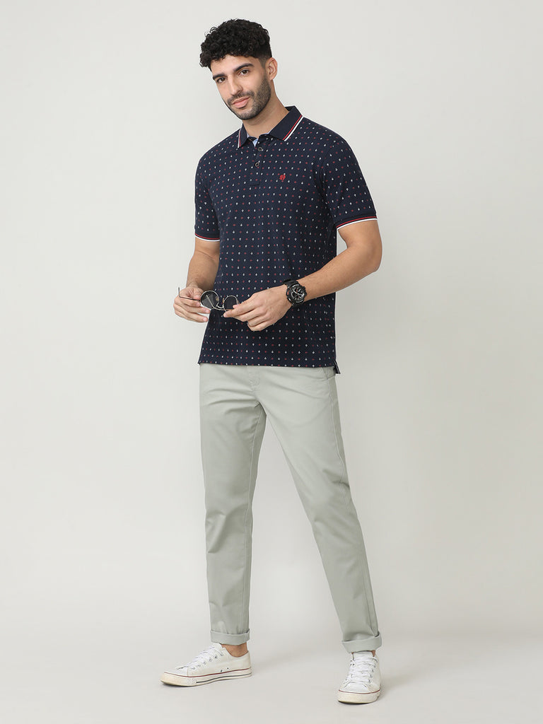 Navy Blue Pique Lycra Printed Polo T-shirt With Tipping Collar