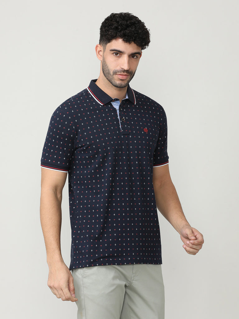 Navy Blue Pique Lycra Printed Polo T-shirt With Tipping Collar