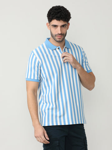 Royal Blue Pique Lycra Verticle Stripes Polo T-shirt With Constrast Collar