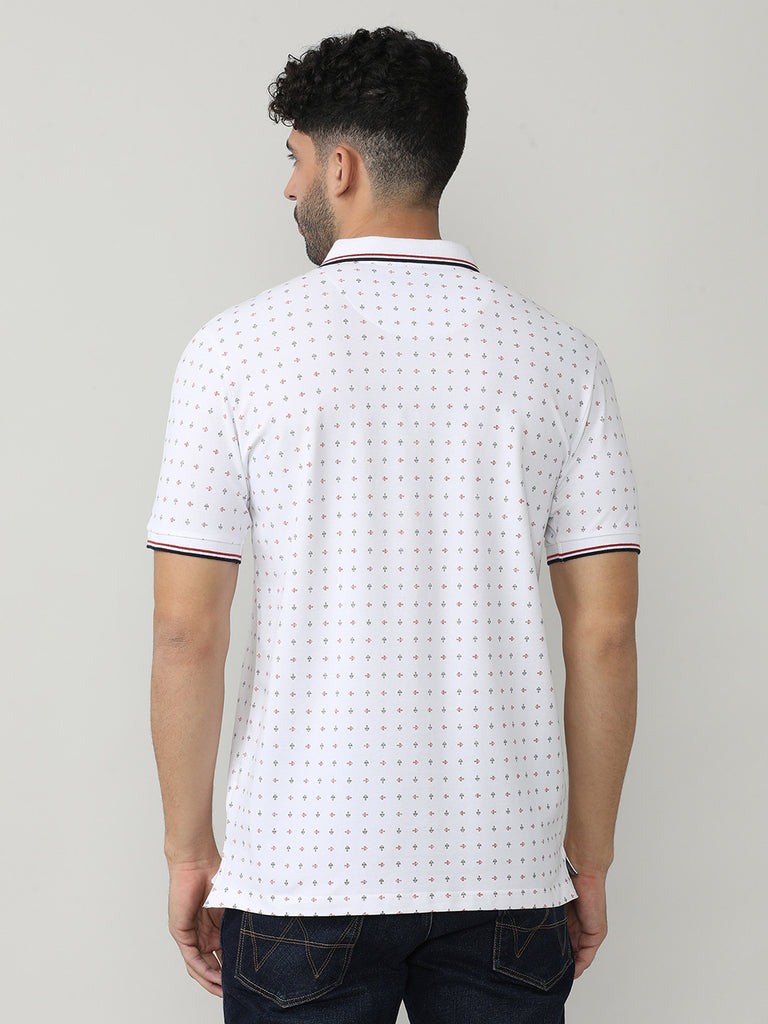 White Pique Lycra Printed Polo T-shirt With Tipping Collar