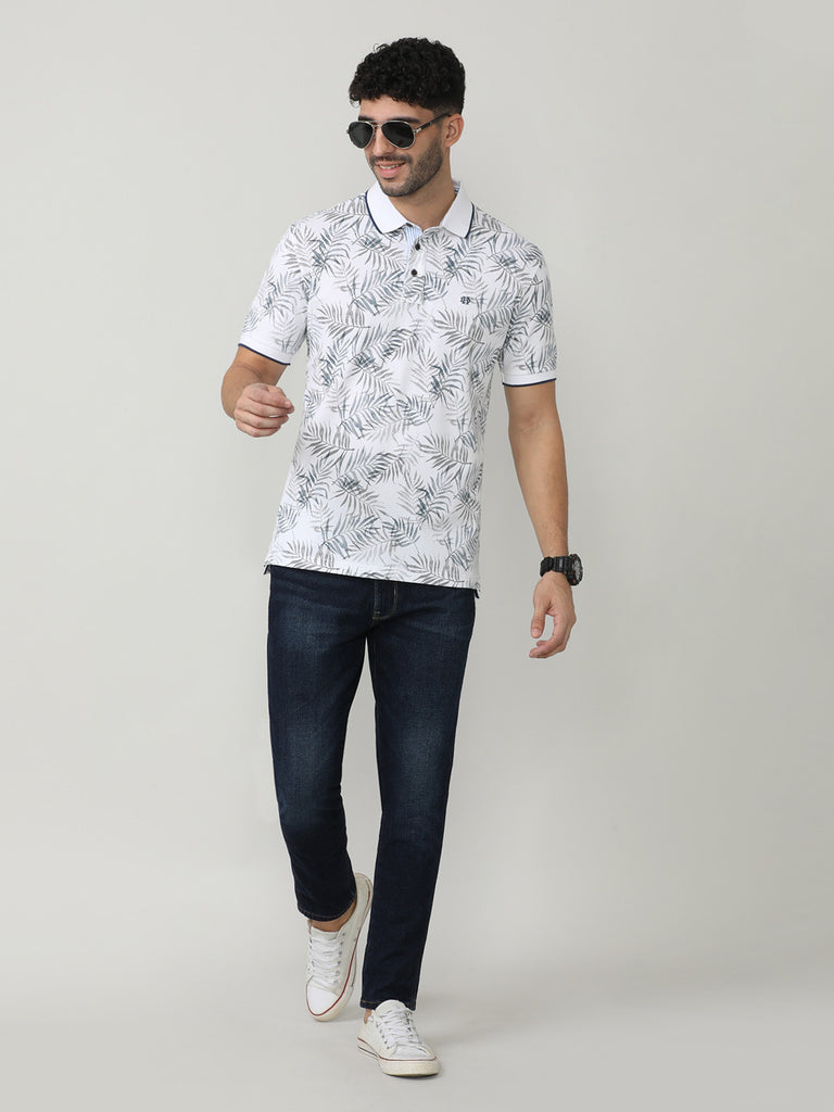 White Pique Lycra Printed Polo T-shirt With Tipping Collar