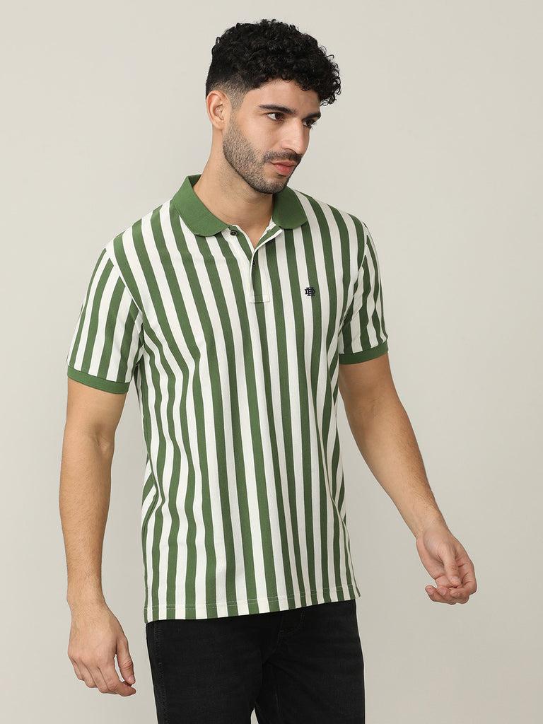 Lake Green Pique Lycra Verticle Stripes Polo T-shirt With Constrast Collar
