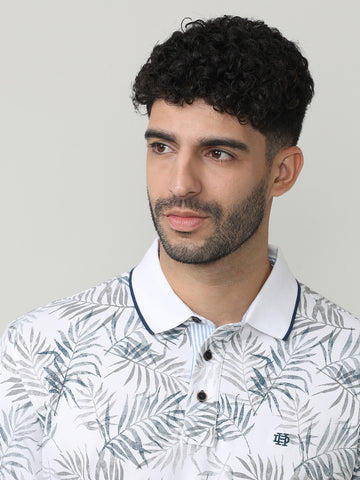 White Pique Lycra Printed Polo T-shirt With Tipping Collar