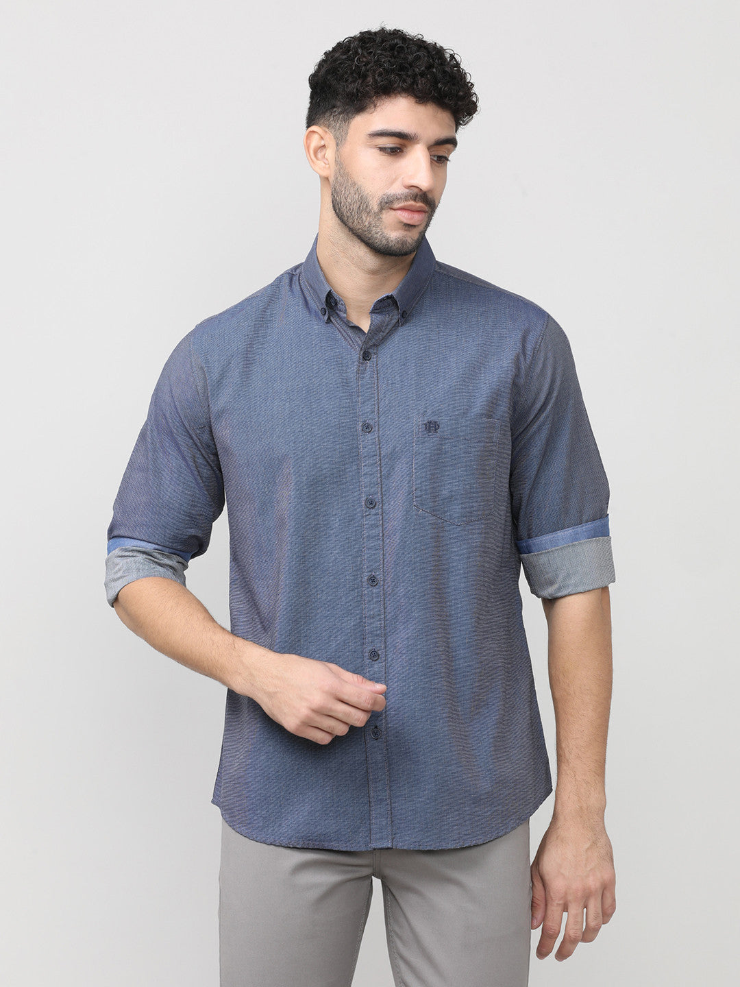 Carbon Blue Birdeye Weave Cotton Plain Shirt With Button Down Collar