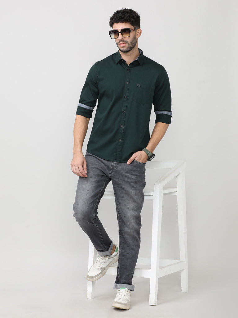 Forest Green Dobby Lycra Plain Shirt With Pocket