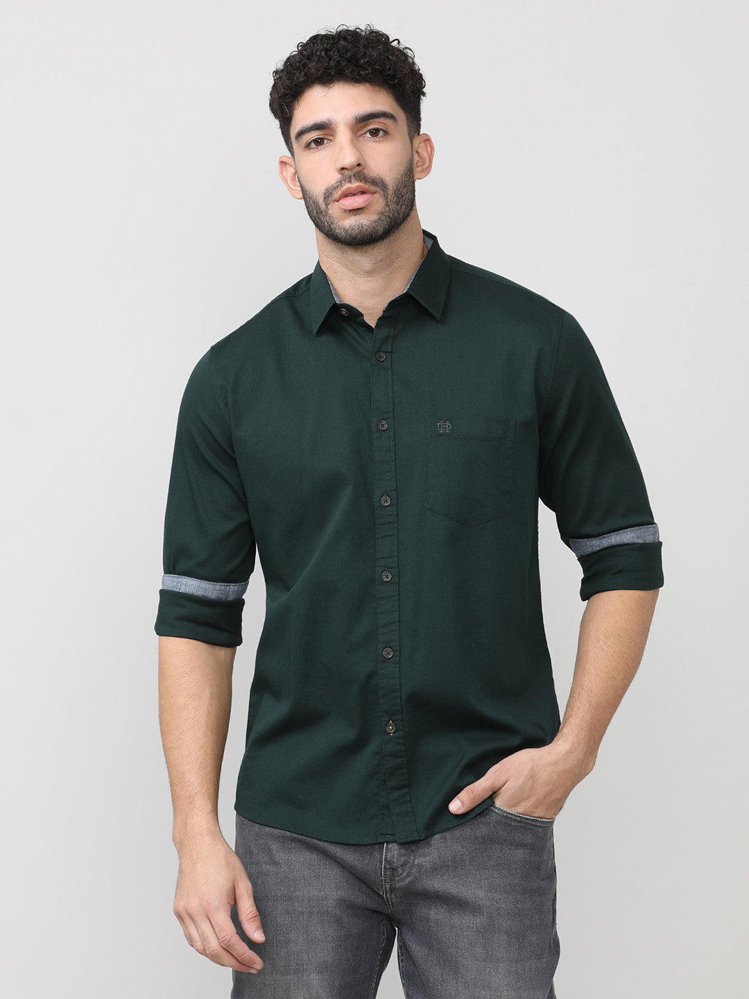 Forest Green Dobby Lycra Plain Shirt With Pocket