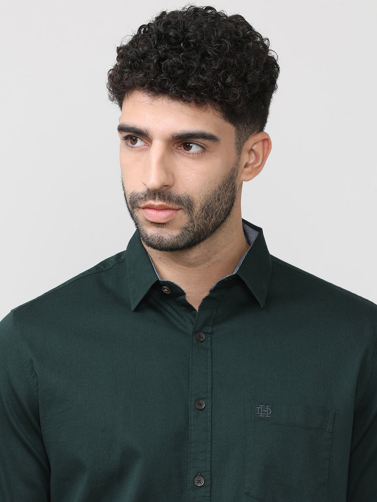 Forest Green Dobby Lycra Plain Shirt With Pocket