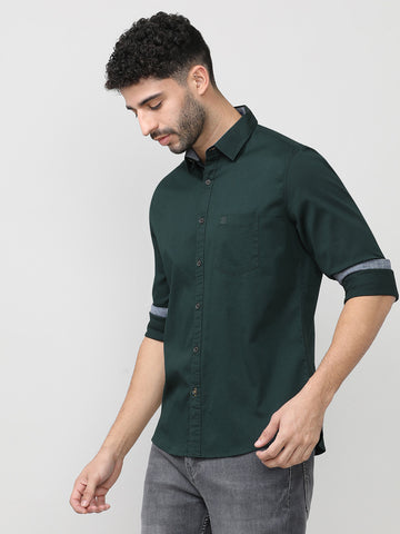 Forest Green Dobby Lycra Plain Shirt With Pocket