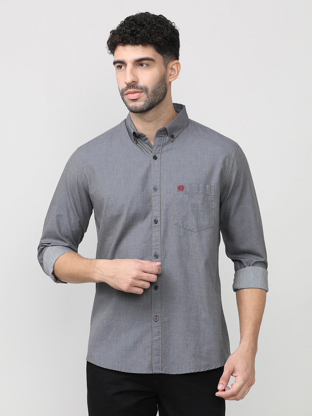 Carbon Black Birdeye Weave Cotton Plain Shirt With Button Down Collar