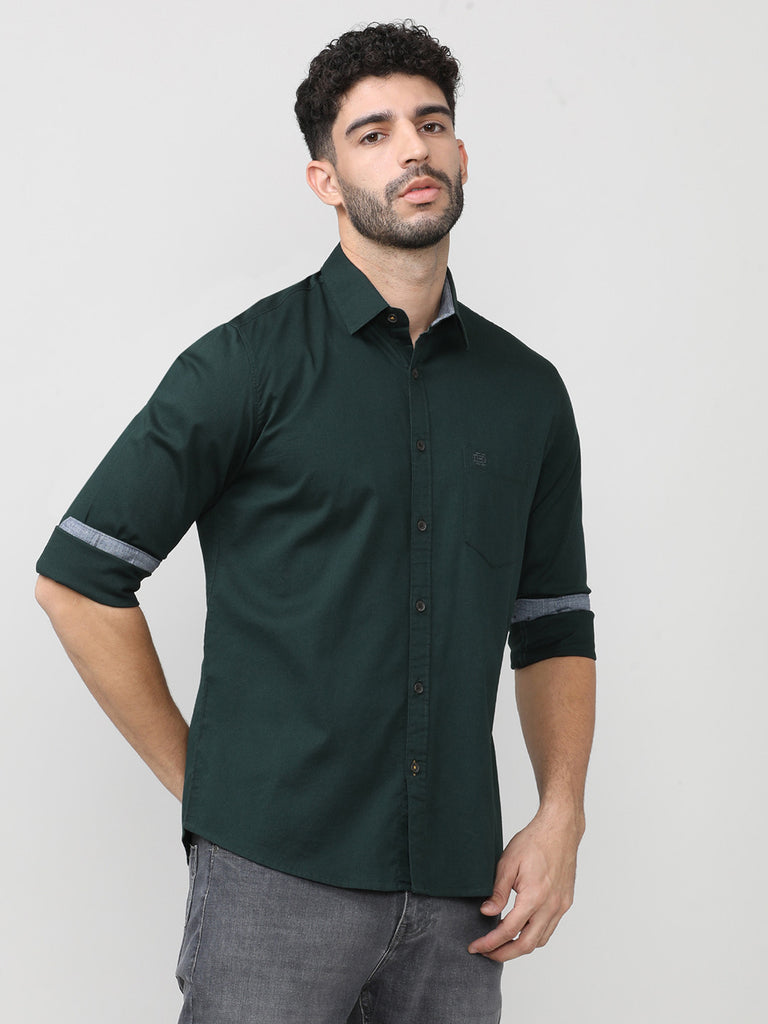 Forest Green Dobby Lycra Plain Shirt With Pocket