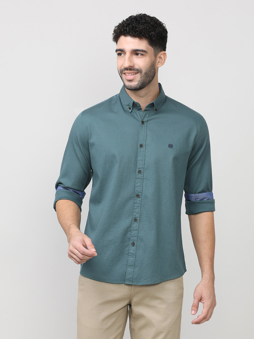 Dark Slate Dobby Lycra Plain Shirt With Button Down Collar