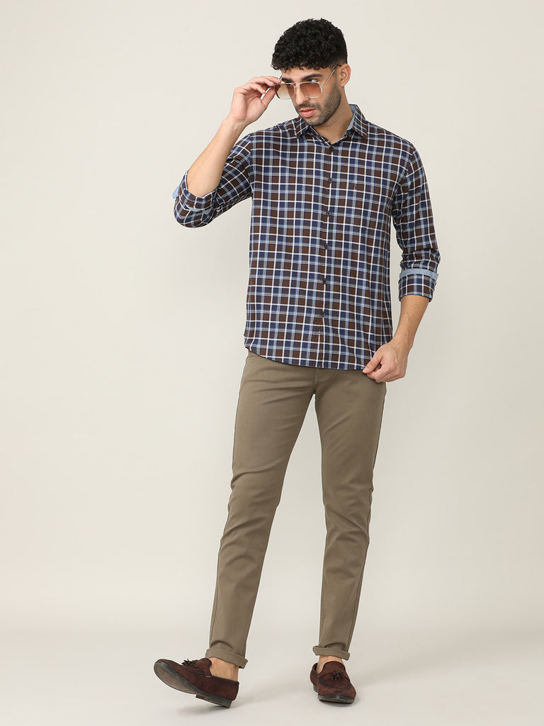 Coffee Brown Oxford Checks Shirt With Pocket