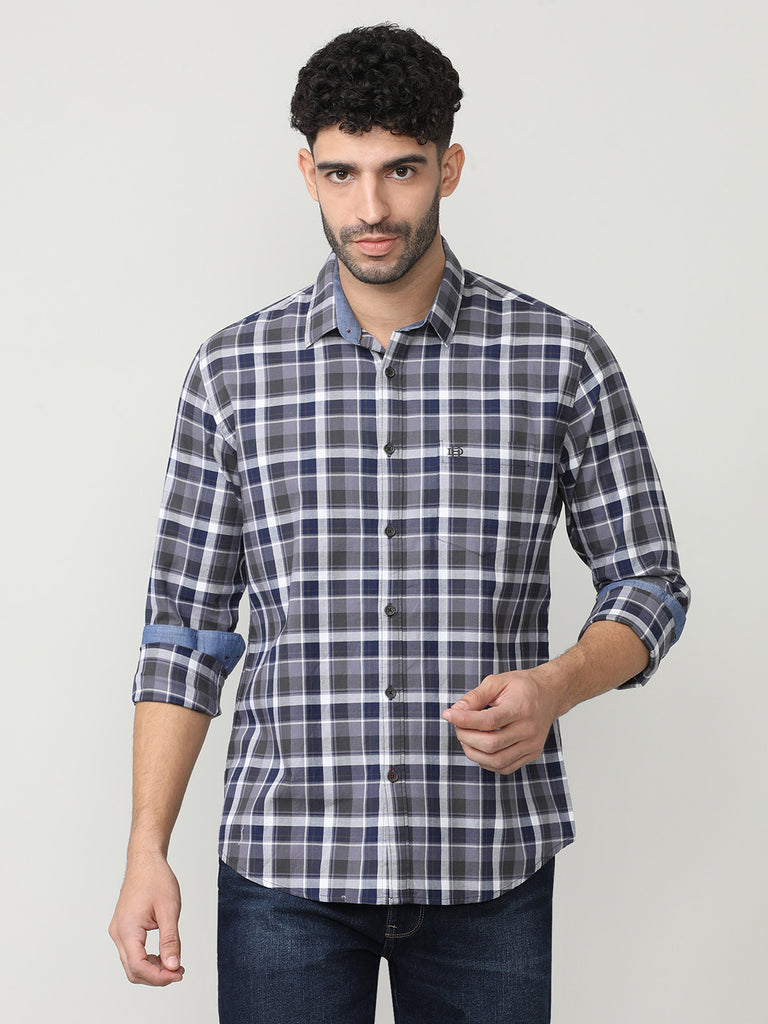 Navy Oxford Checks Shirt With Pocket