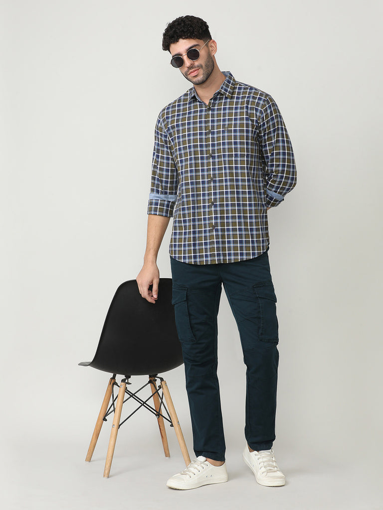 Olive Oxford Checks Shirt With Pocket