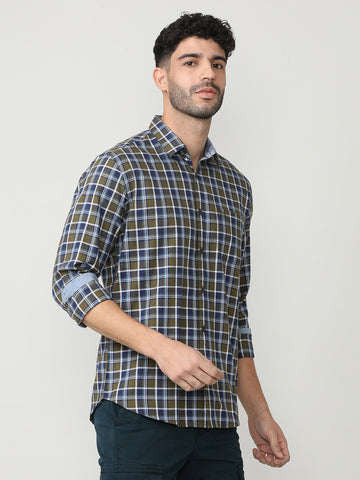 Olive Oxford Checks Shirt With Pocket