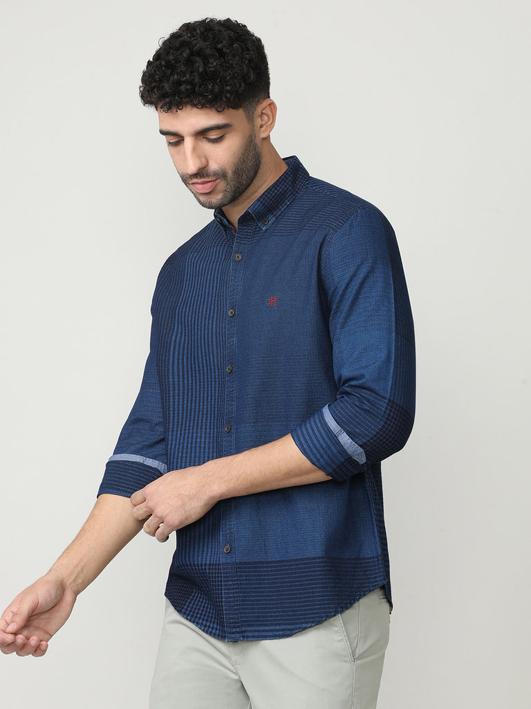 Deep Indigo Checks Shirt With Button Down Collar