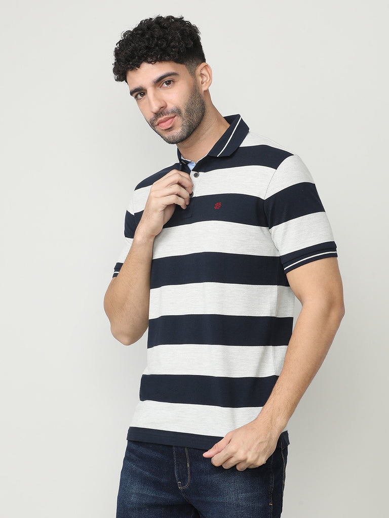 Black Pique Stripes Polo T-shirt With Tipping Collar