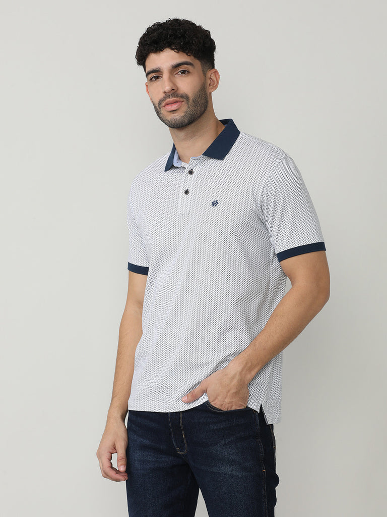 White Pique Lycra Micro Graphic Printed Polo T-shirt With Contrast Collar