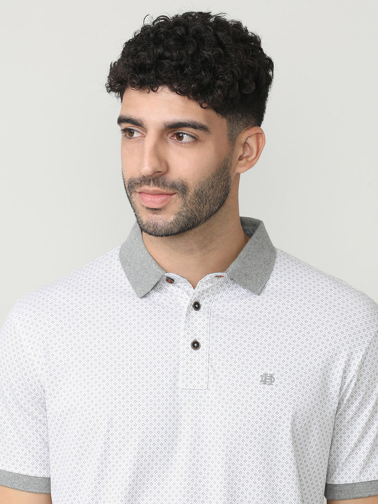 White Pique Lycra Graphic Printed Polo T-shirt