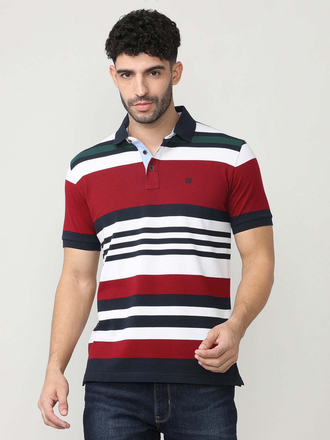 Maroon Pique Stripes Polo T-shirt With Contrast Collar